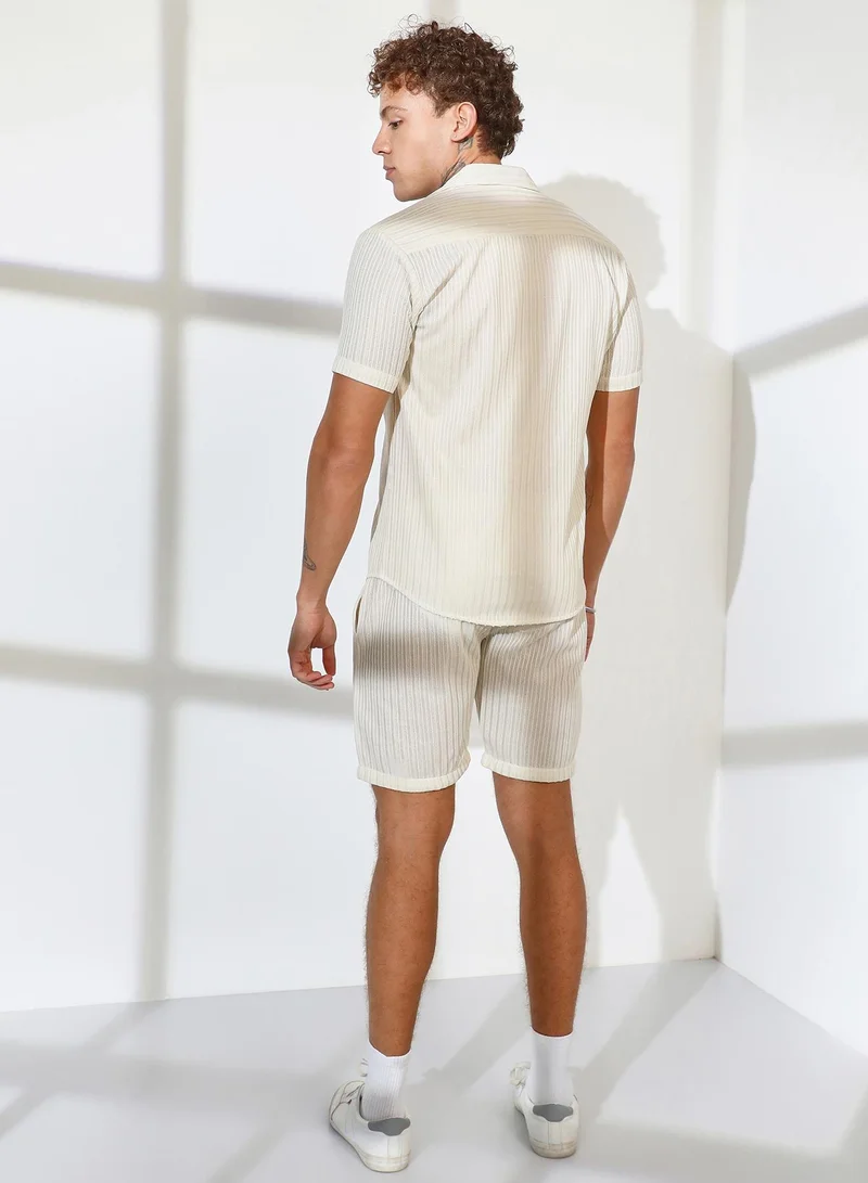 CAHOOT  Men's Cream White Ribbed-Striped Co-Ord Set For Casual Wear | Cuban Collar | Short Sleeve | Button Closure | Co-Ords Crafted With Comfort Fit For Everyday Wear for Men | Best Price UAE